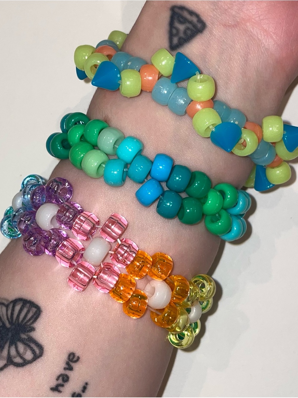 Multicolor Beaded “Kandi” Stretch Bracelet Set - Green, Blue, Pink & Orange
